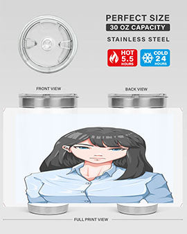 Beautiful office woman tumbler featuring long black hair design, made of stainless steel with double wall vacuum insulation.