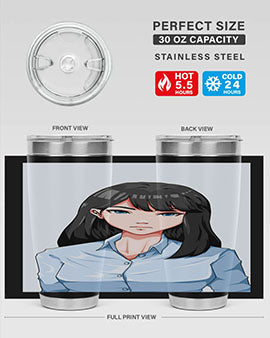 Beautiful office woman tumbler featuring long black hair design, made of stainless steel with double wall vacuum insulation.