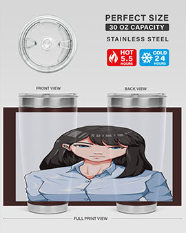 Beautiful office woman tumbler featuring long black hair design, made of stainless steel with double wall vacuum insulation.