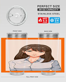 Beautiful office woman tumbler featuring long black hair design, made of stainless steel with double wall vacuum insulation.