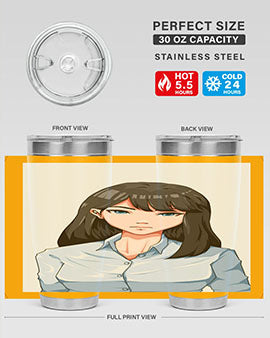 Beautiful office woman tumbler featuring long black hair design, made of stainless steel with double wall vacuum insulation.