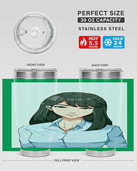 Beautiful office woman tumbler featuring long black hair design, made of stainless steel with double wall vacuum insulation.