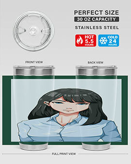 Beautiful office woman tumbler featuring long black hair design, made of stainless steel with double wall vacuum insulation.