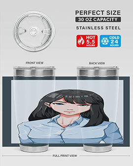 Beautiful office woman tumbler featuring long black hair design, made of stainless steel with double wall vacuum insulation.