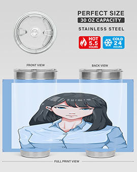 Beautiful office woman tumbler featuring long black hair design, made of stainless steel with double wall vacuum insulation.