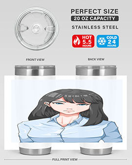 Beautiful office woman tumbler featuring long black hair design, made of stainless steel with double wall vacuum insulation.