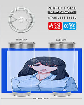 Beautiful office woman tumbler featuring long black hair design, made of stainless steel with double wall vacuum insulation.