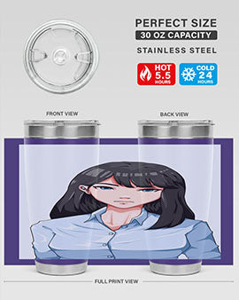 Beautiful office woman tumbler featuring long black hair design, made of stainless steel with double wall vacuum insulation.