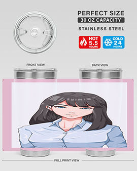 Beautiful office woman tumbler featuring long black hair design, made of stainless steel with double wall vacuum insulation.