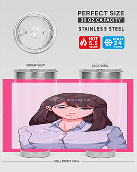 Beautiful office woman tumbler featuring long black hair design, made of stainless steel with double wall vacuum insulation.