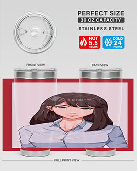 Beautiful office woman tumbler featuring long black hair design, made of stainless steel with double wall vacuum insulation.