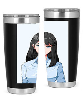 Beautiful office woman tumbler featuring long black hair design, made of stainless steel with double wall vacuum insulation.