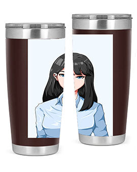 Beautiful office woman tumbler featuring long black hair design, made of stainless steel with double wall vacuum insulation.