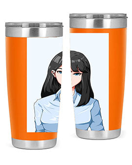 Beautiful office woman tumbler featuring long black hair design, made of stainless steel with double wall vacuum insulation.
