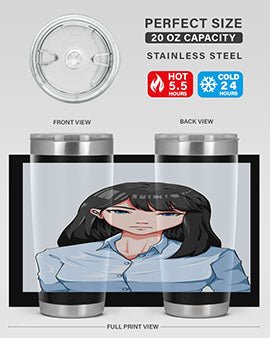 Beautiful office woman tumbler featuring long black hair design, made of stainless steel with double wall vacuum insulation.