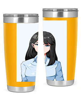 Beautiful office woman tumbler featuring long black hair design, made of stainless steel with double wall vacuum insulation.