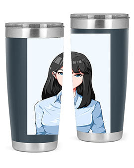 Beautiful office woman tumbler featuring long black hair design, made of stainless steel with double wall vacuum insulation.
