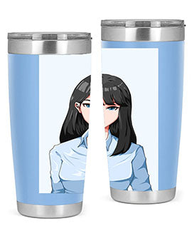 Beautiful office woman tumbler featuring long black hair design, made of stainless steel with double wall vacuum insulation.