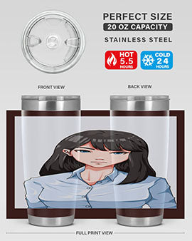 Beautiful office woman tumbler featuring long black hair design, made of stainless steel with double wall vacuum insulation.