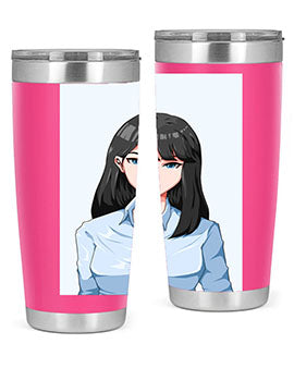 Beautiful office woman tumbler featuring long black hair design, made of stainless steel with double wall vacuum insulation.