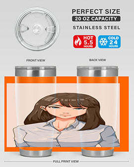 Beautiful office woman tumbler featuring long black hair design, made of stainless steel with double wall vacuum insulation.