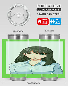 Beautiful office woman tumbler featuring long black hair design, made of stainless steel with double wall vacuum insulation.