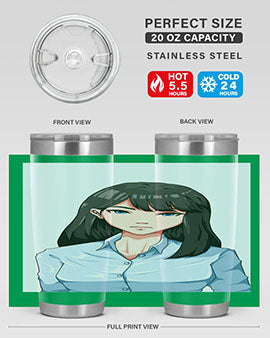 Beautiful office woman tumbler featuring long black hair design, made of stainless steel with double wall vacuum insulation.