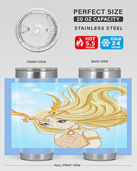 Beautiful anime queen tumbler featuring gold hair and a gold horn crown, perfect for hot and cold beverages.