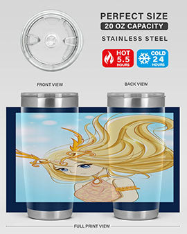 Beautiful anime queen tumbler featuring gold hair and a gold horn crown, perfect for hot and cold beverages.