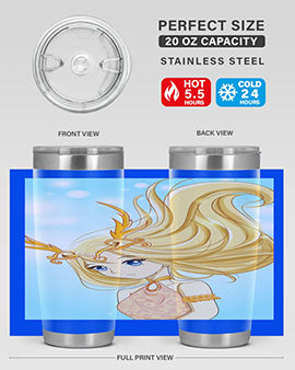 Beautiful anime queen tumbler featuring gold hair and a gold horn crown, perfect for hot and cold beverages.