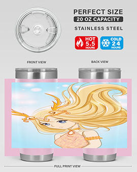 Beautiful anime queen tumbler featuring gold hair and a gold horn crown, perfect for hot and cold beverages.