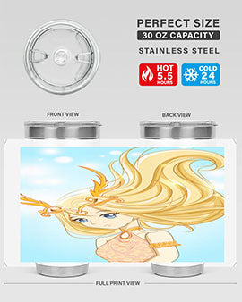 Beautiful anime queen tumbler featuring gold hair and a gold horn crown, perfect for hot and cold beverages.