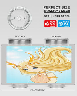 Beautiful anime queen tumbler featuring gold hair and a gold horn crown, perfect for hot and cold beverages.