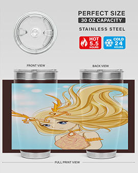 Beautiful anime queen tumbler featuring gold hair and a gold horn crown, perfect for hot and cold beverages.