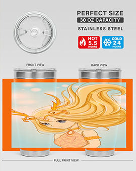Beautiful anime queen tumbler featuring gold hair and a gold horn crown, perfect for hot and cold beverages.