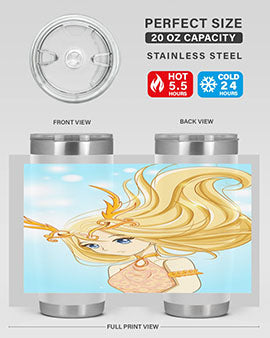 Beautiful anime queen tumbler featuring gold hair and a gold horn crown, perfect for hot and cold beverages.