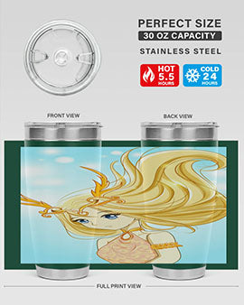 Beautiful anime queen tumbler featuring gold hair and a gold horn crown, perfect for hot and cold beverages.