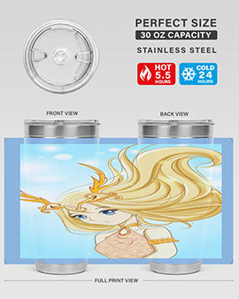Beautiful anime queen tumbler featuring gold hair and a gold horn crown, perfect for hot and cold beverages.