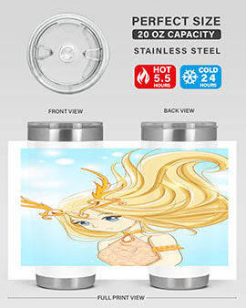 Beautiful anime queen tumbler featuring gold hair and a gold horn crown, perfect for hot and cold beverages.