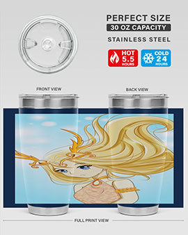 Beautiful anime queen tumbler featuring gold hair and a gold horn crown, perfect for hot and cold beverages.