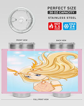 Beautiful anime queen tumbler featuring gold hair and a gold horn crown, perfect for hot and cold beverages.