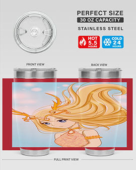 Beautiful anime queen tumbler featuring gold hair and a gold horn crown, perfect for hot and cold beverages.