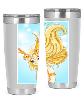 Beautiful anime queen tumbler featuring gold hair and a gold horn crown, perfect for hot and cold beverages.
