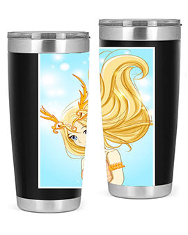 Beautiful anime queen tumbler featuring gold hair and a gold horn crown, perfect for hot and cold beverages.