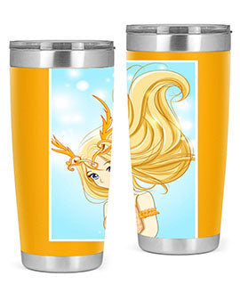 Beautiful anime queen tumbler featuring gold hair and a gold horn crown, perfect for hot and cold beverages.