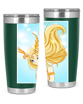 Beautiful anime queen tumbler featuring gold hair and a gold horn crown, perfect for hot and cold beverages.