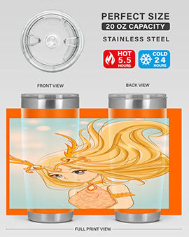 Beautiful anime queen tumbler featuring gold hair and a gold horn crown, perfect for hot and cold beverages.