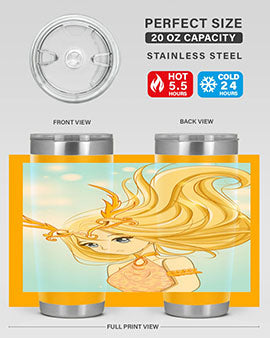 Beautiful anime queen tumbler featuring gold hair and a gold horn crown, perfect for hot and cold beverages.