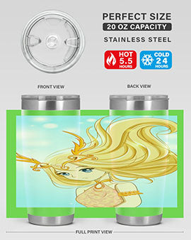 Beautiful anime queen tumbler featuring gold hair and a gold horn crown, perfect for hot and cold beverages.