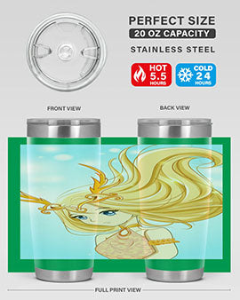 Beautiful anime queen tumbler featuring gold hair and a gold horn crown, perfect for hot and cold beverages.